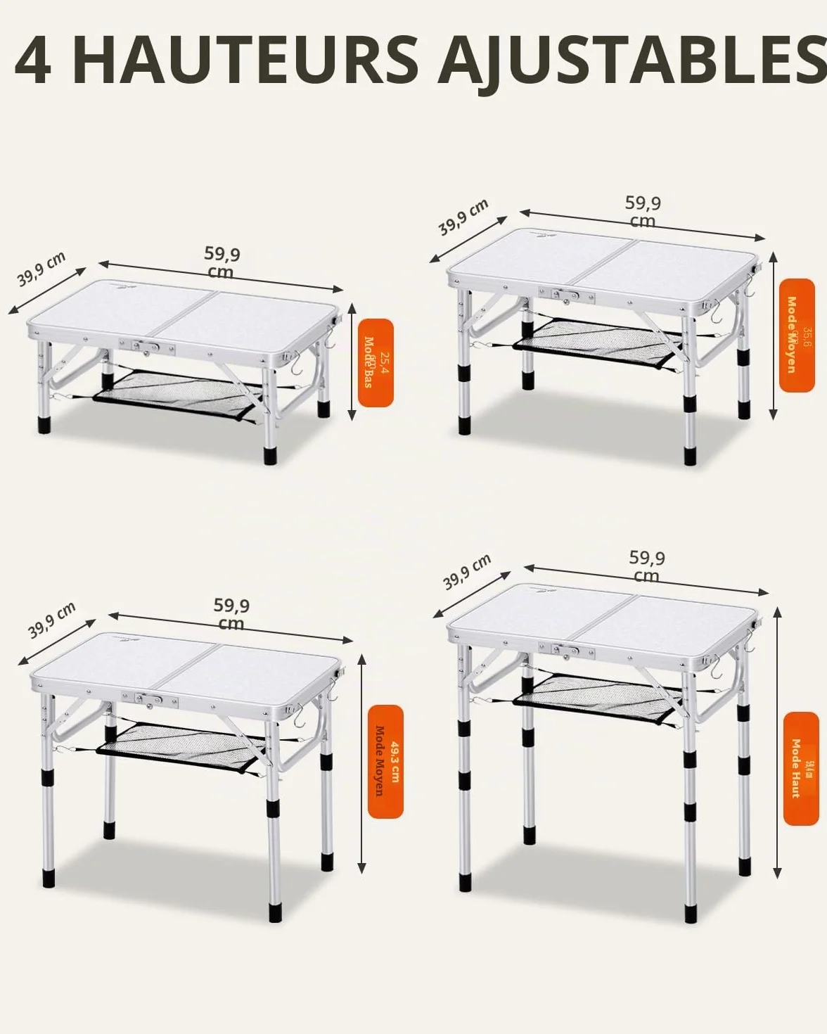 Table de Camping Pliante Sportneer 4 Hauteurs Réglables 60×40 cm Aluminium