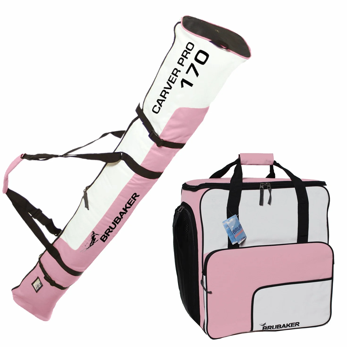 Brubaker Set Sac de Ski et Sac à Chaussures pour 1 Paire Jusqu'à 170 cm + Bâtons + Chaussures + Casque Rose/Blanc