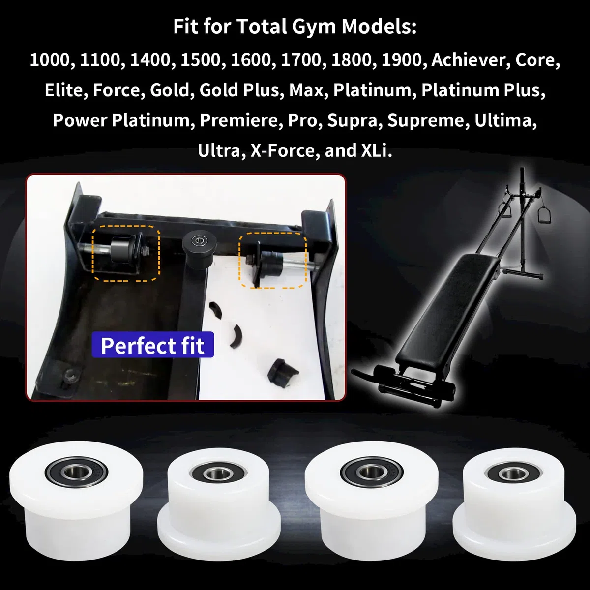 Lot de 4 roues usinées compatibles avec Total Gym 1000, 1100, 1400, 1500, 1600, Achiever, Force, Gold, Max, Platinum, Platinum Plus, Pro, Supra, Supreme, Ultima, Ultra, XLI (blanc)