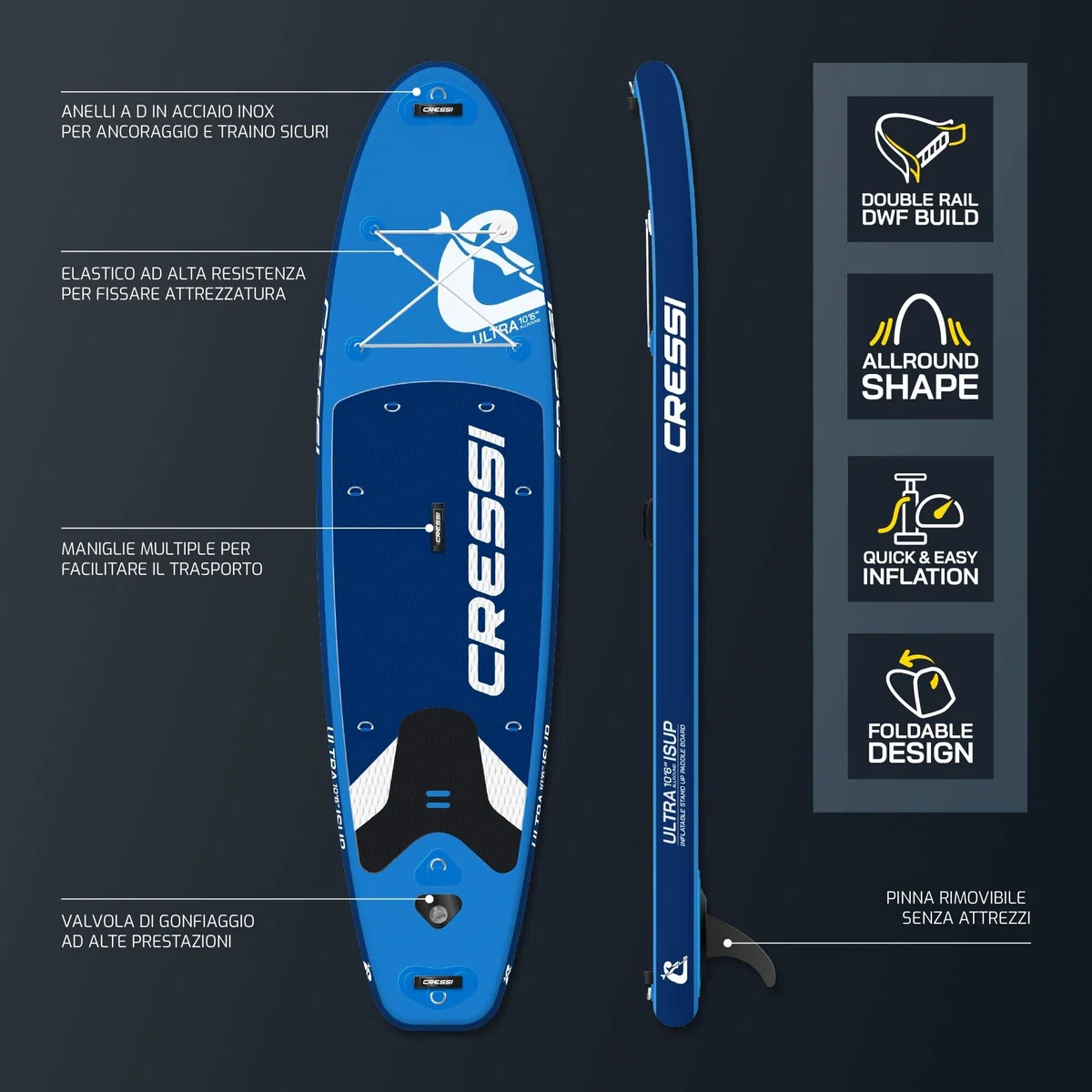 CRESSI Depuis 1946 - Ultra Isup/Kayak Set - Planche de Sup Gonflable pour Adultes, Stable et Résistante Accessoires Tous Inclus Pagaie Aileron Pompe Leash Sac Transport_320x81x15 cm Max 130 kg