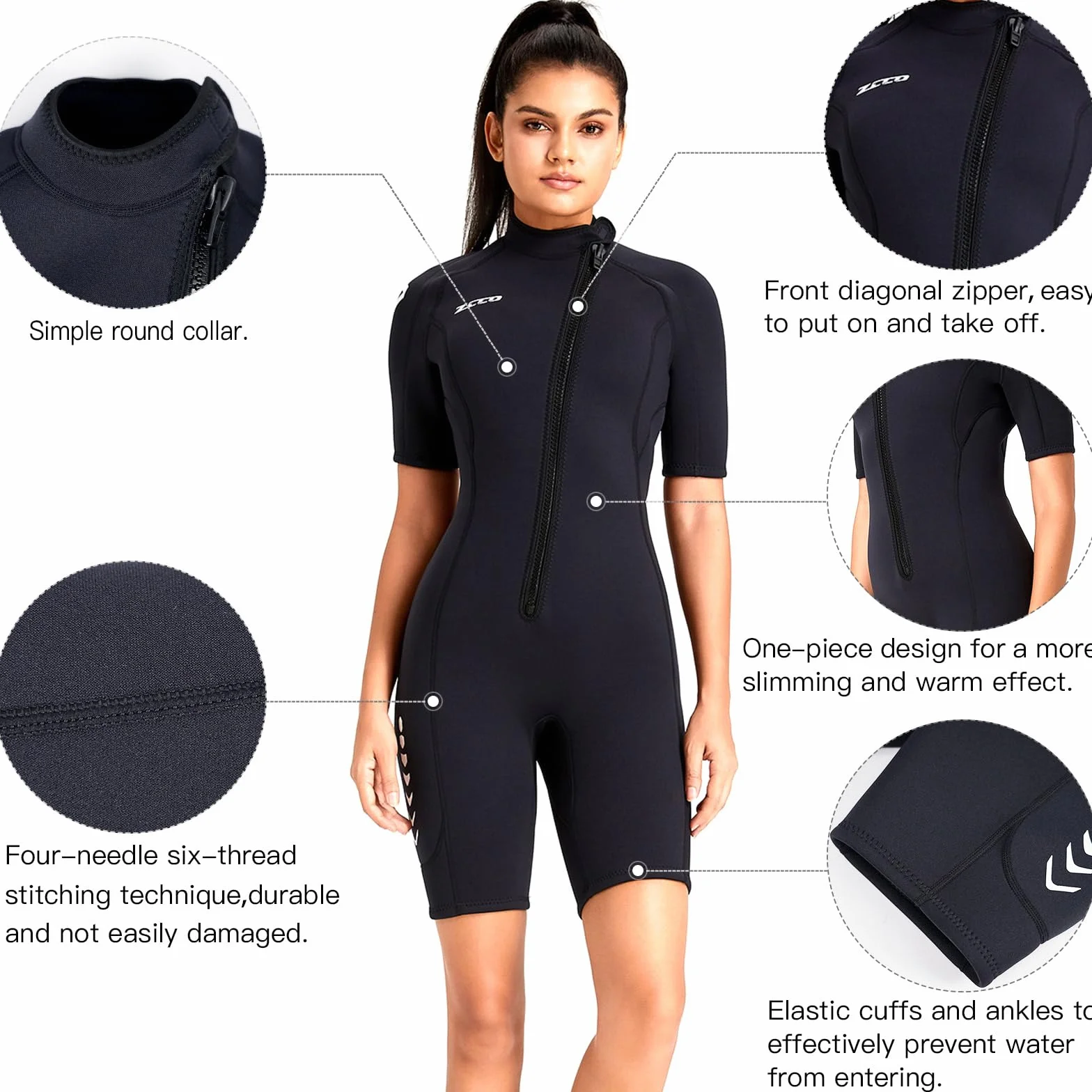 ZCCO Combinaison Shorty en néoprène de 3 mm pour Homme, Fermeture éclair à l'avant, pour la plongée, la Natation, Le Surf, la plongée avec Tuba