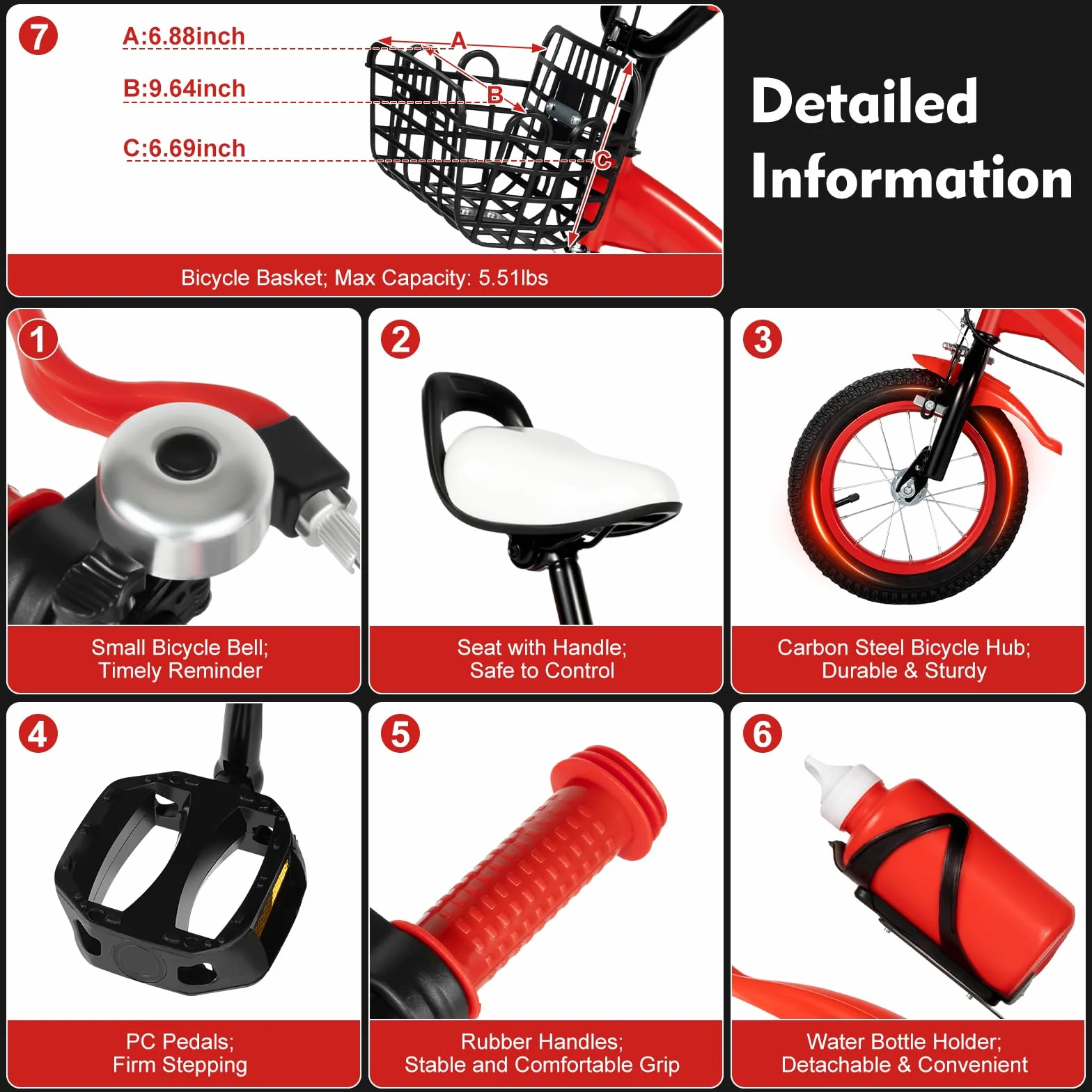 Vélo enfant 12 pouces avec roues stabilisatrices réglable hauteur rouge 2-4 ans