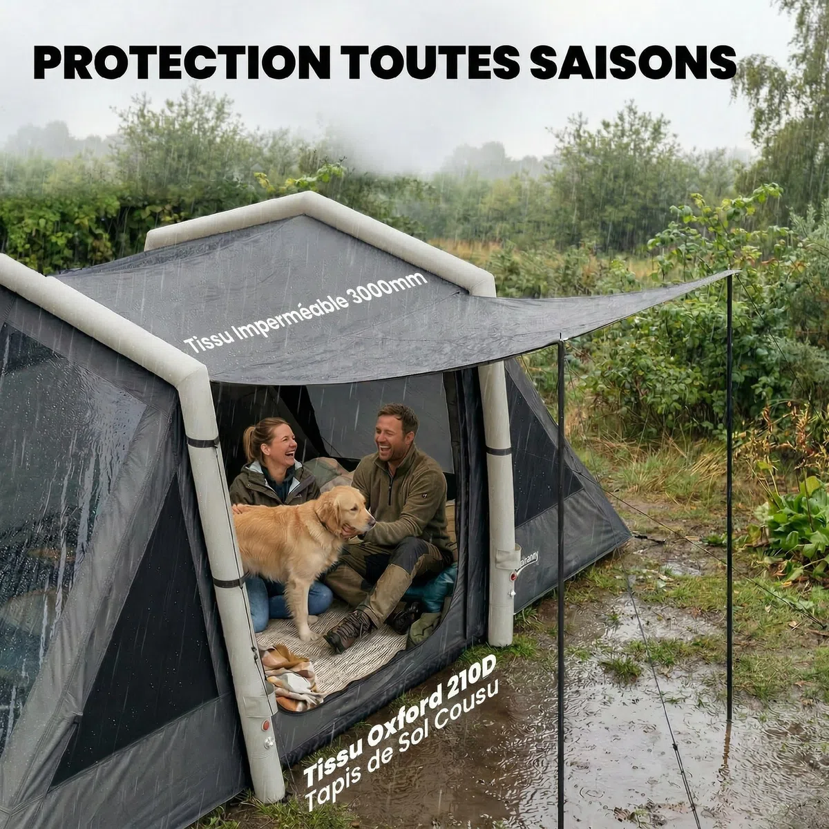 Outsunny Tente Gonflable de Camping 4 Personnes Blackout - Tente à Air 5,8m de Long avec 2 Chambres et Séjour - Imperméable 3000mm avec Pompe, Auvent et Piquets Fluorescents, Gris Foncé