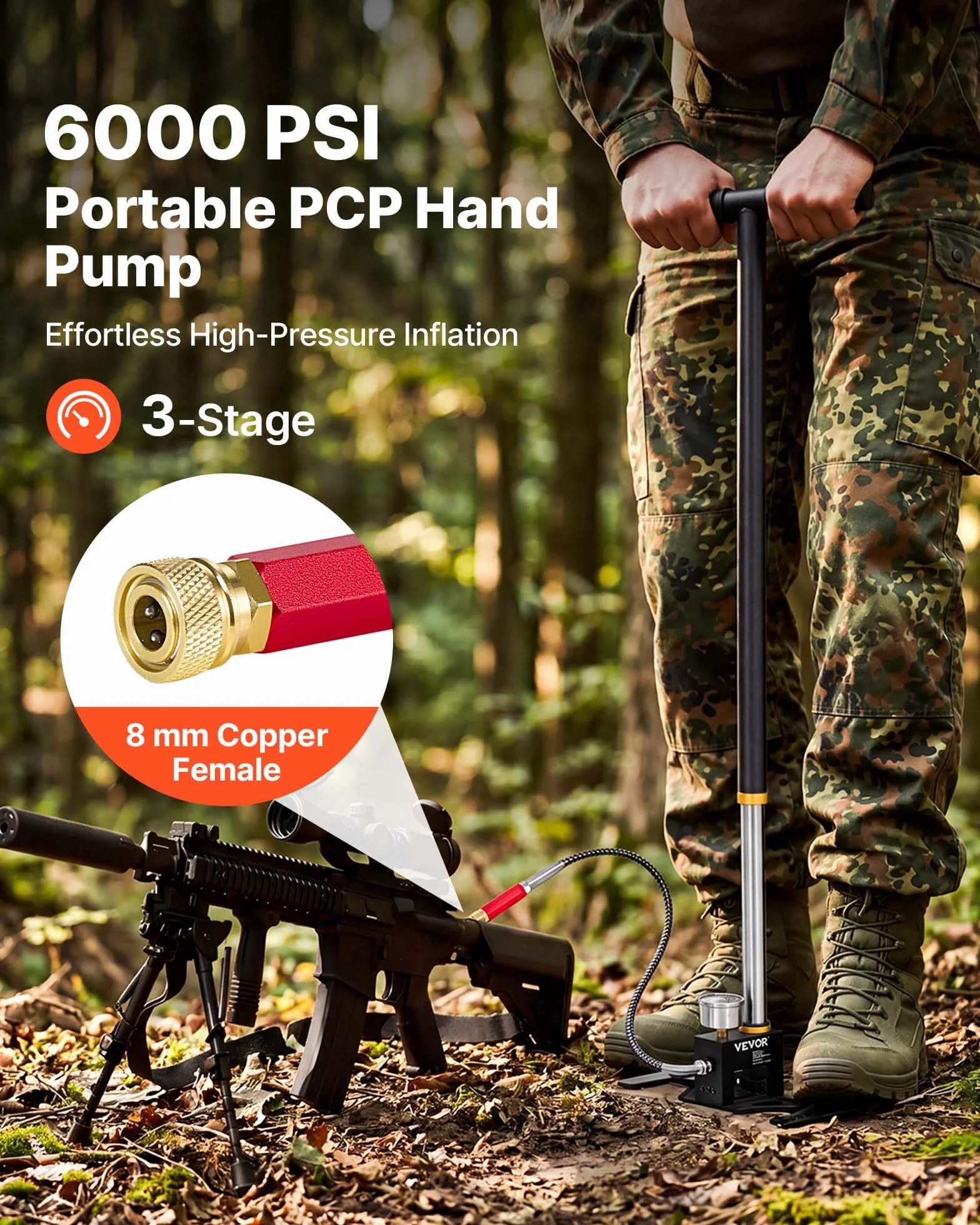 VEVOR Pompe à Main PCP, Pompe PCP Haute Pression pour Carabine à Air Comprimé, Paintball, Gonflage de Pneus, Kayak, avec Filtre Séparateur Huile et Eau, Manomètre, Tube Acier INOX