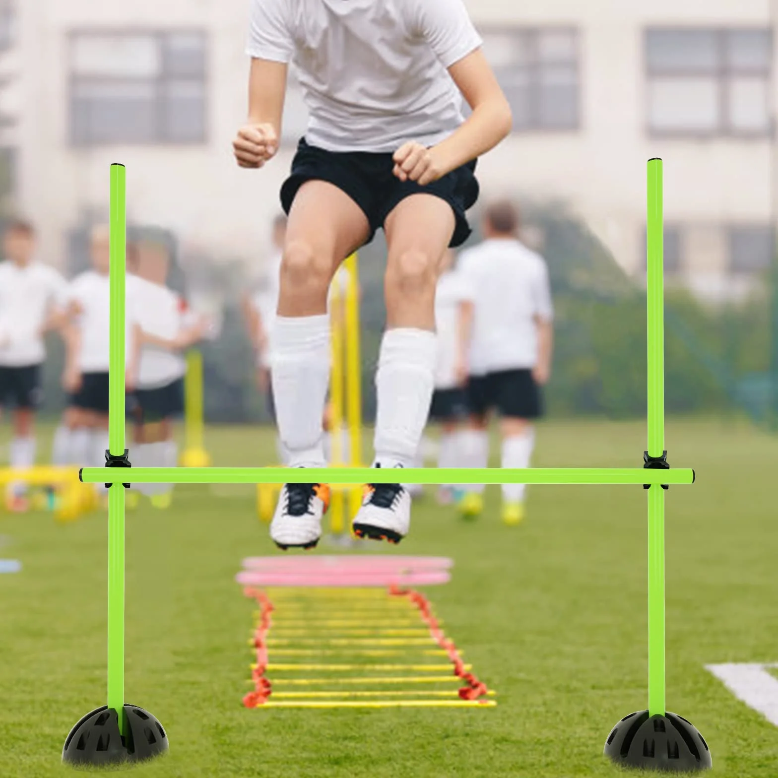 XMTECH Kit de barres de saut 100 cm, obstacles d'entraînement, coordination, dribble, mobilité (15 barres, 10 pieds, 10 clips)