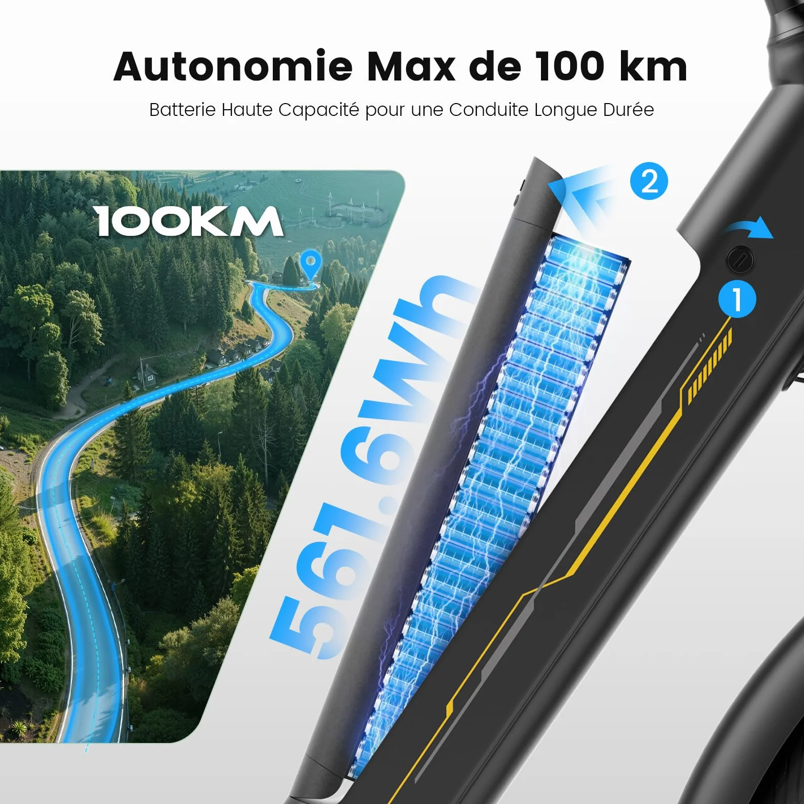 Vélo Électrique 27,5", Moteur 250W, Batterie 36 V 15,6 Ah Amovible, Autonomie Jusqu’à 100 km, 7 Vitesses, Écran LCD, Assistance 25 km/h, Charge Max 120 kg, Modèle Mixte E-Bike