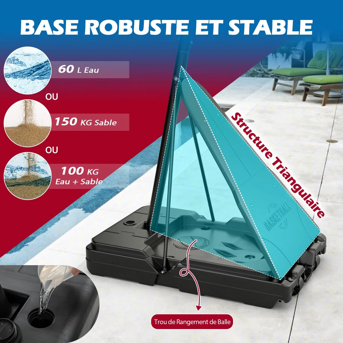 GYMAX Panier de Basketball Extérieur et Intérieur Mobile, Hauteur Ajustable 150-305cm sur 10 Niveaux, Base Remplissable d'eau et de Sable, Structure Stable Triangulaire, pour Enfants et Adultes