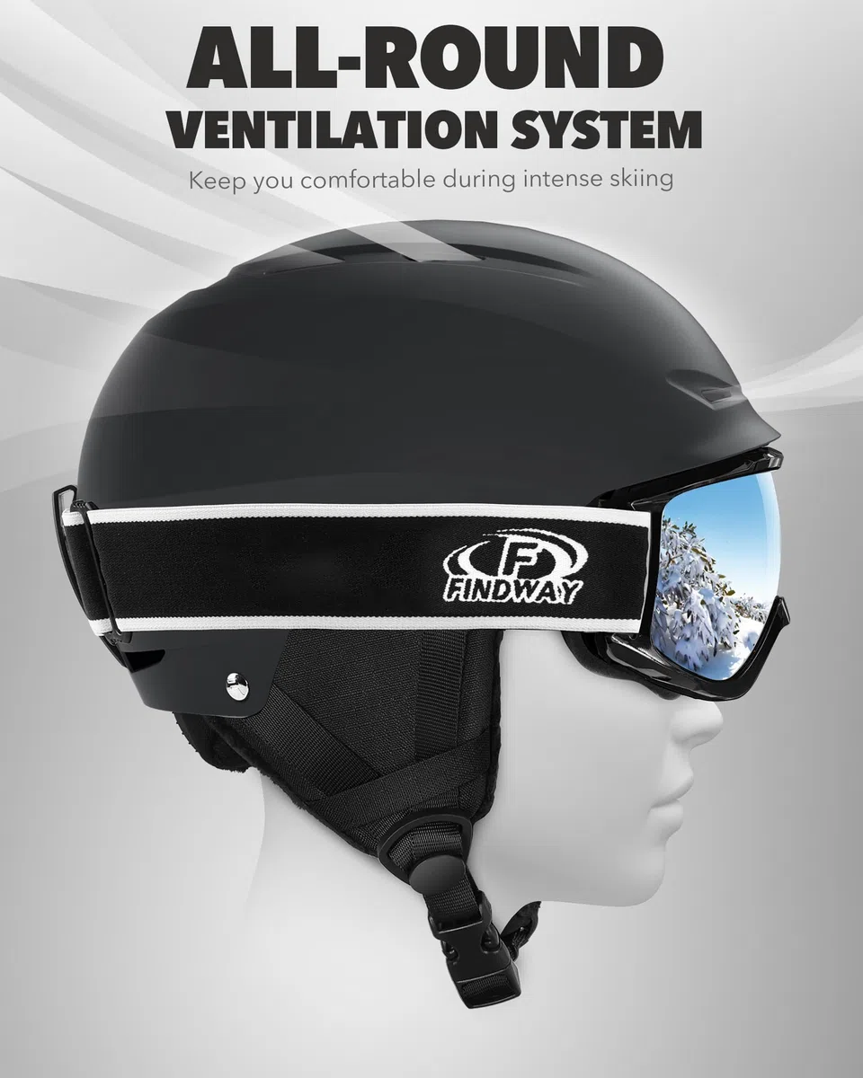 Findway Casque de Ski avec Lunettes de Ski pour Hommes Femmes Jeunes Casque Ski Ajustable pour Skating, Surf des neiges, Antichoc et Universel