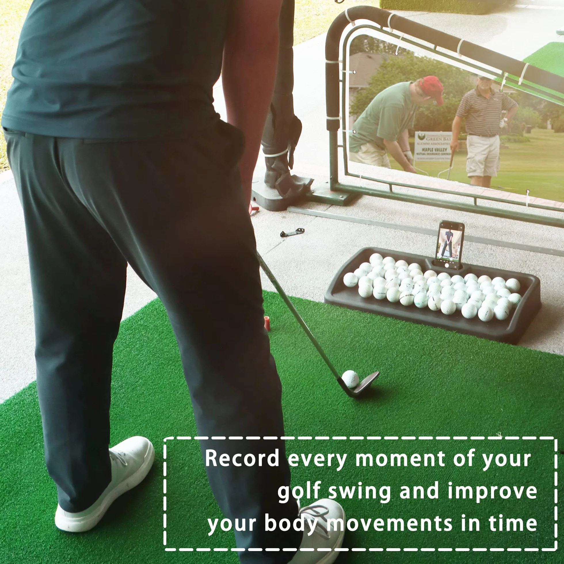 Plateau de balle de golf en caoutchouc robuste – avec support pour téléphone portable – Capacité de 100 balles – Plateau à haut impact compatible avec tous les tapis de frappe
