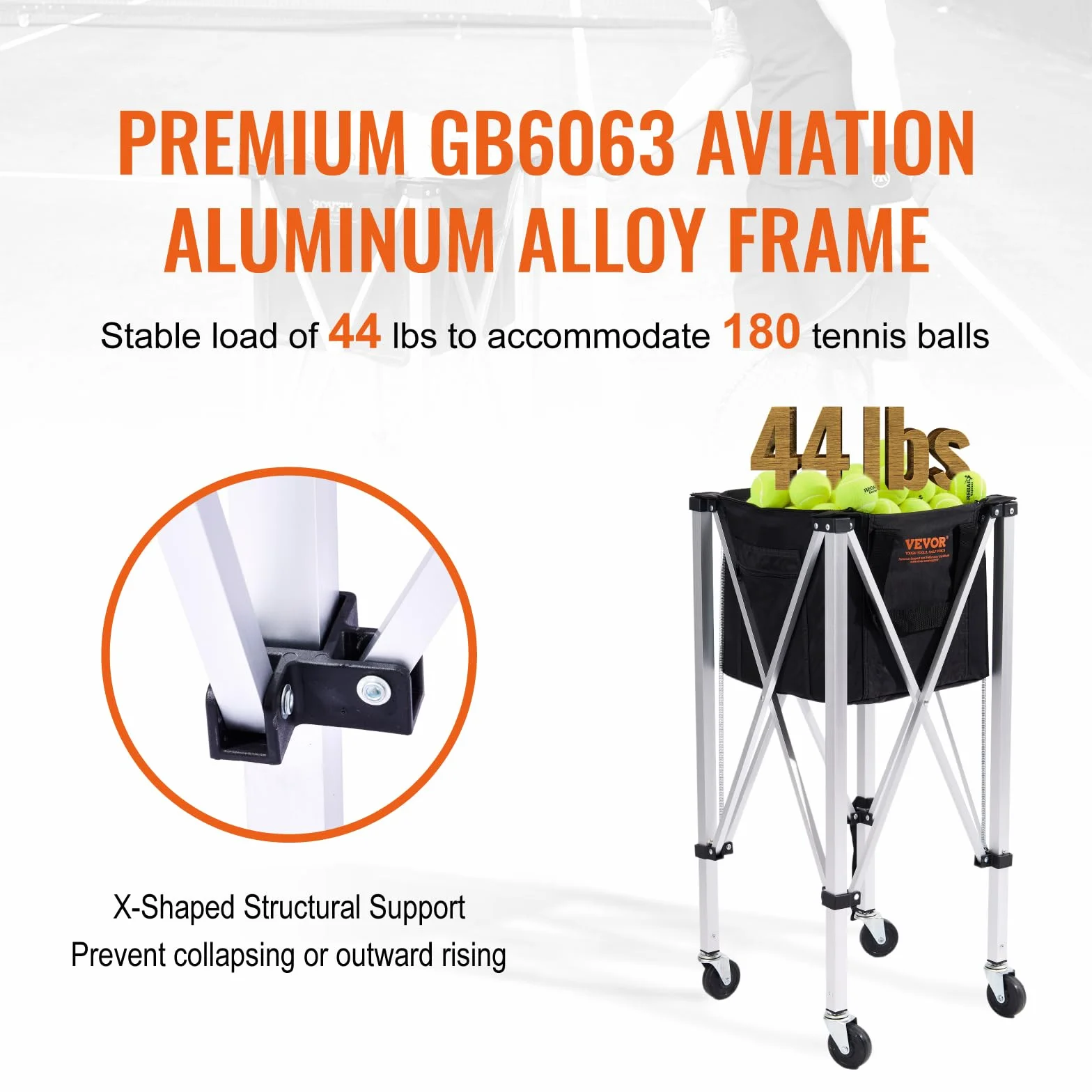 VEVOR Panier à Balle de Tennis Pliable 180 balles Chariot Alliage d'aluminium avec roulettes