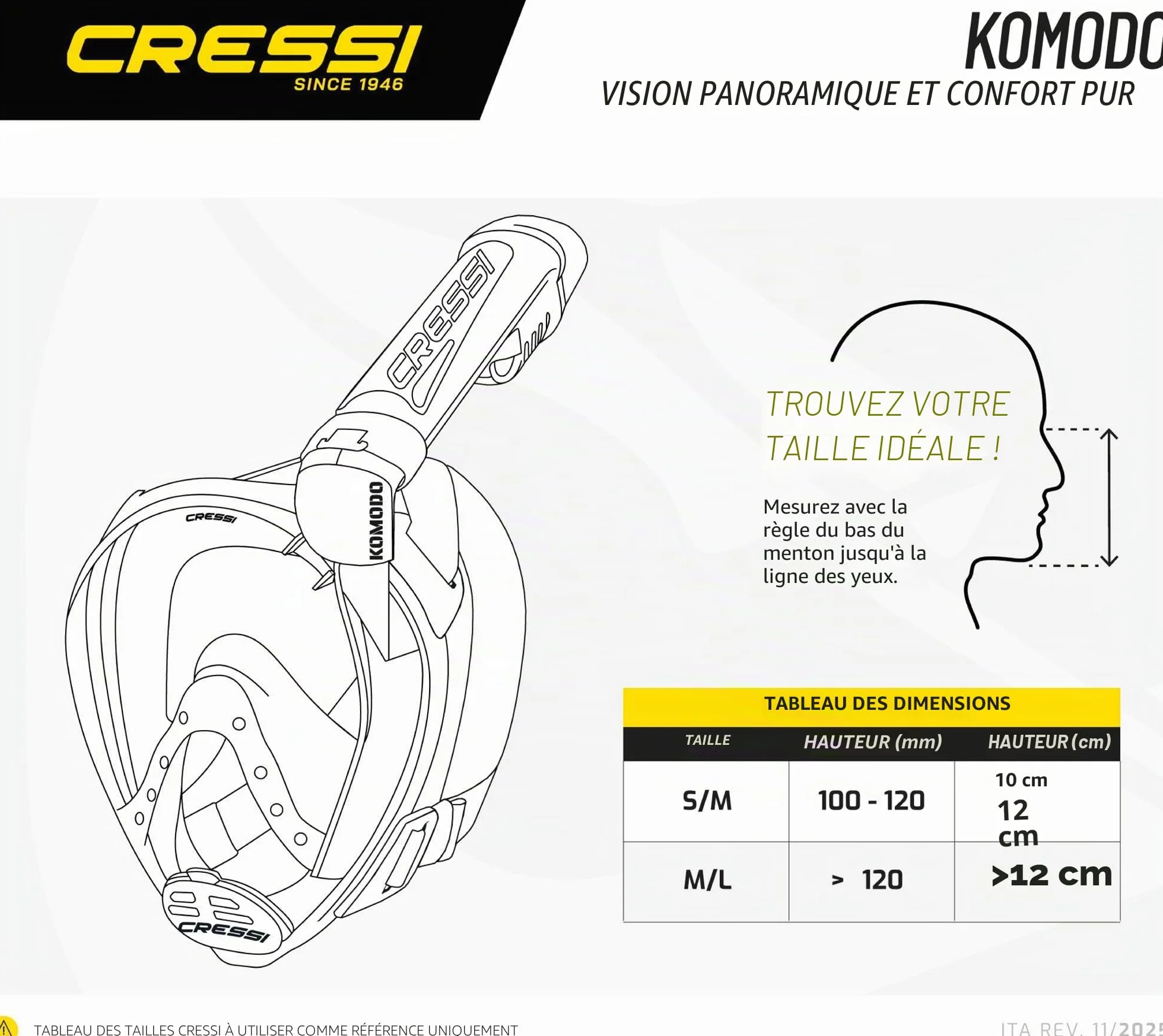 CRESSI Depuis 1946 - Komodo Full Face Masque intégral Dry pour Snorkeling Vision à 180° - CO2 Sûre - Silicone 100% Anti Buée - Tuba Latéral - Sangles Élastiques Réglables