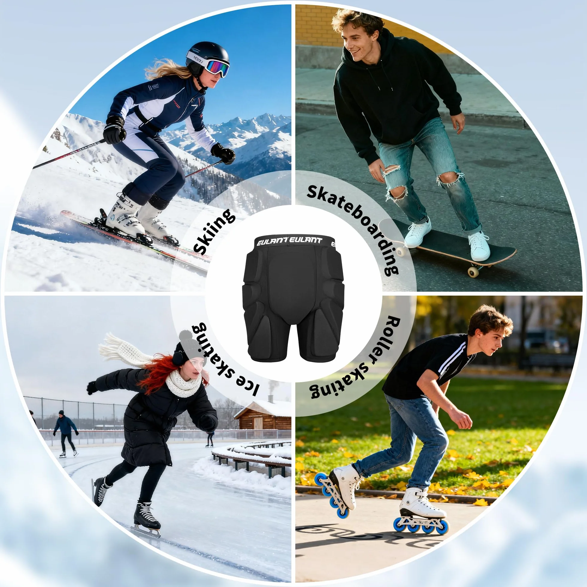EULANT Short de Protection Rembourré pour Snowboard/Ski/Patinage sur Glace/Ski à roulettes/Vélos/Skate, Protection Hip Pad, Coussinets de Protection 3D pour Hanche / Cul / Coccyx
