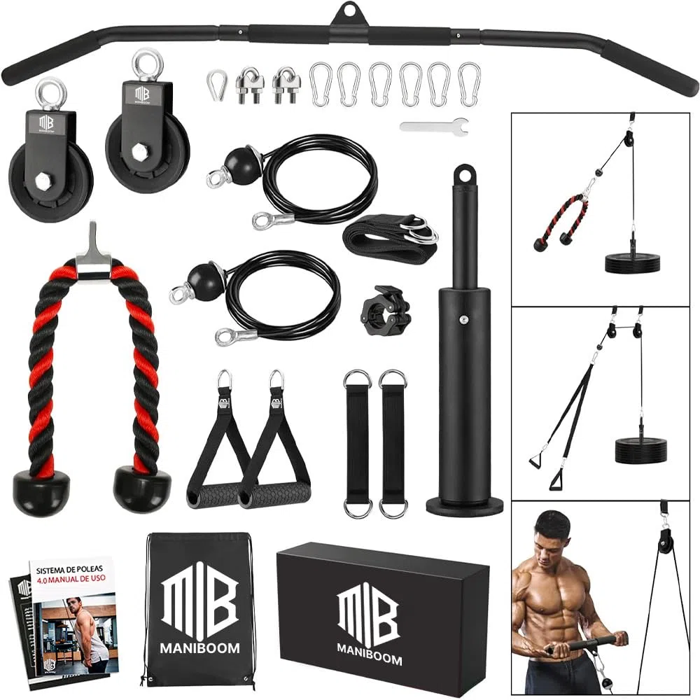ManiBoom Kit Poulie Musculation (204 kg) - Système de Musculation Poulie avec Barre 2 en 1, Corde Triceps et Poignées pour Home Gym