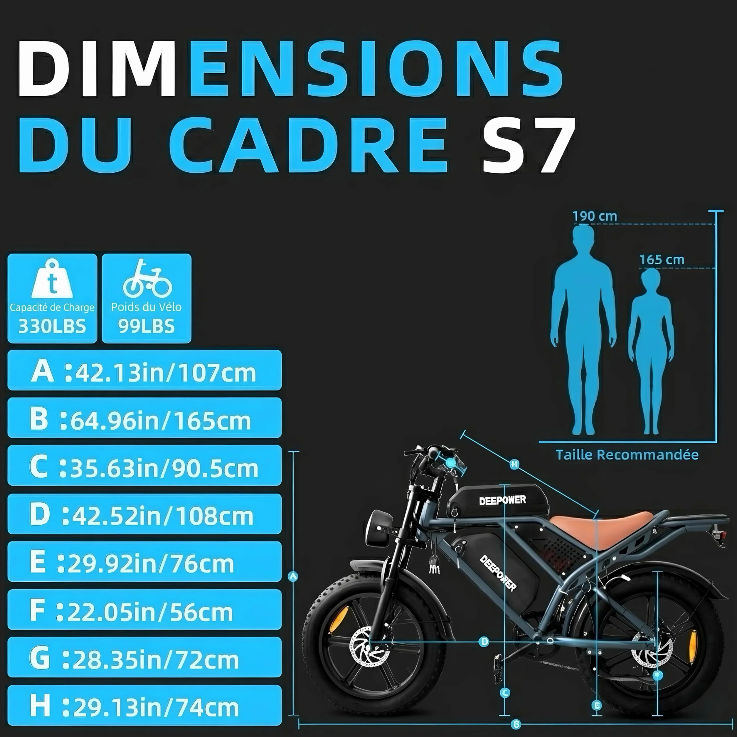DEEPOWER QS7 Vélo Électrique, Batterie Amovible 48V 60Ah/35Ah/20Ah, Autonomie 110-250KM, Moteur 120 N·m, Pneu Gras 20'' X 4.0, 7 Vitesses, Suspension Hydraulique Complète