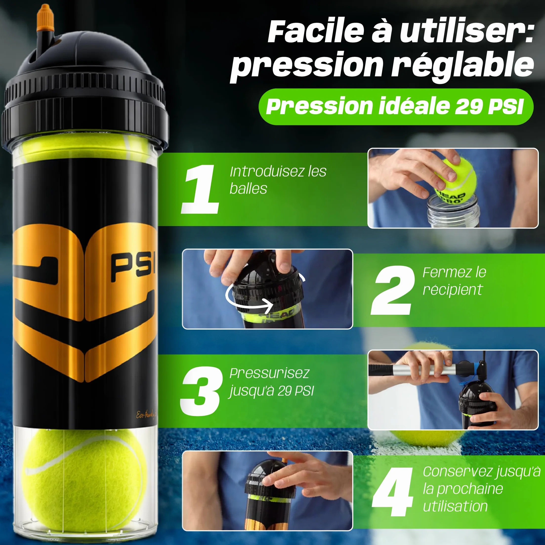 TUBOPLUS 29PSI Pressurisateur de balles de padel et de tennis Maintient la pression et le rebond Pot hermétique pour prolonger la durée de vie des balles
