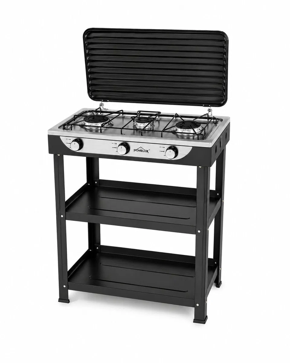Réchaud à Gaz 3 Brûleurs 5,4 kW, Réchaud de Camping avec Étagères, Tuyau de Raccordement de 1,5 m et Régulateur de Pression 50 mbar