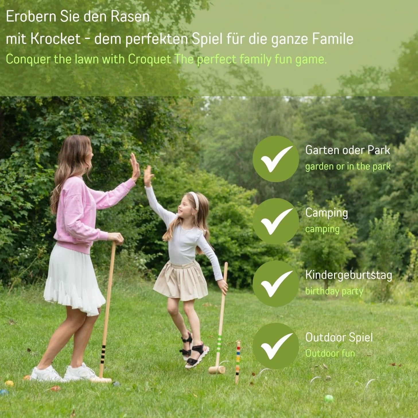 GICO Jeu de Croquet de qualité en Chariot en Metal Famille - Jeu en Plein air - 6 Joueurs - 4 maillets Taille 80 cm Enfants, 2 maillets 100 cm Adultes - Qualite de EU - 3136