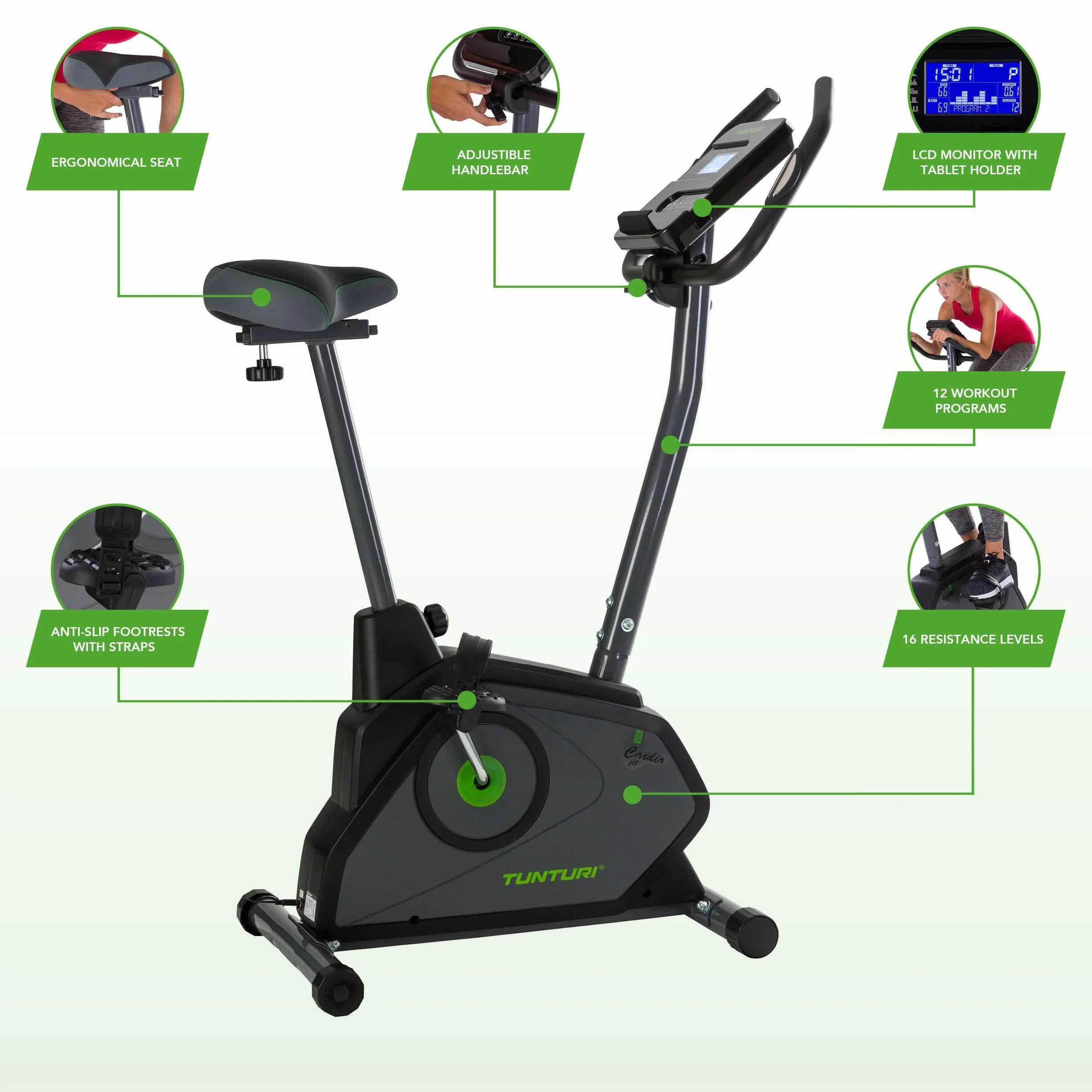 Tunturi Cardio Fit E30 Vélo d'Appartement Ergomètre avec écran LCD et Résistance Réglable