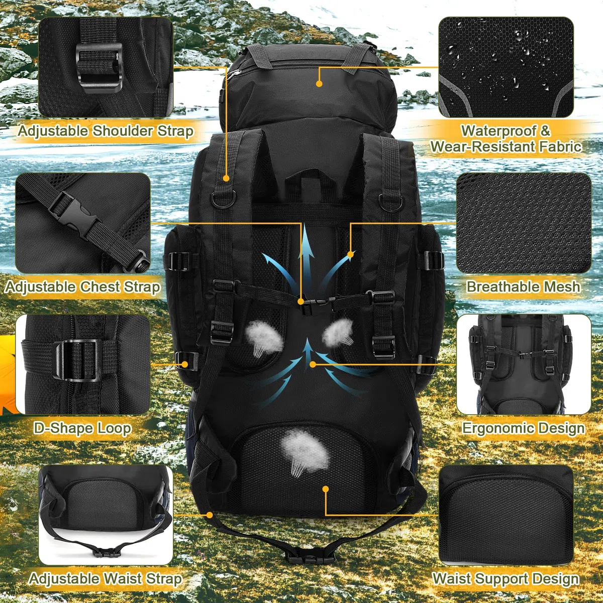 90L Sac à Dos de Randonnée, Sac à Dos Trekking pour Homme et Femme Camping Sac à Dos Léger et Imperméable Sac à Dos Grande Capacité Multifonction pour Escalade Trekking Camping (Noir)
