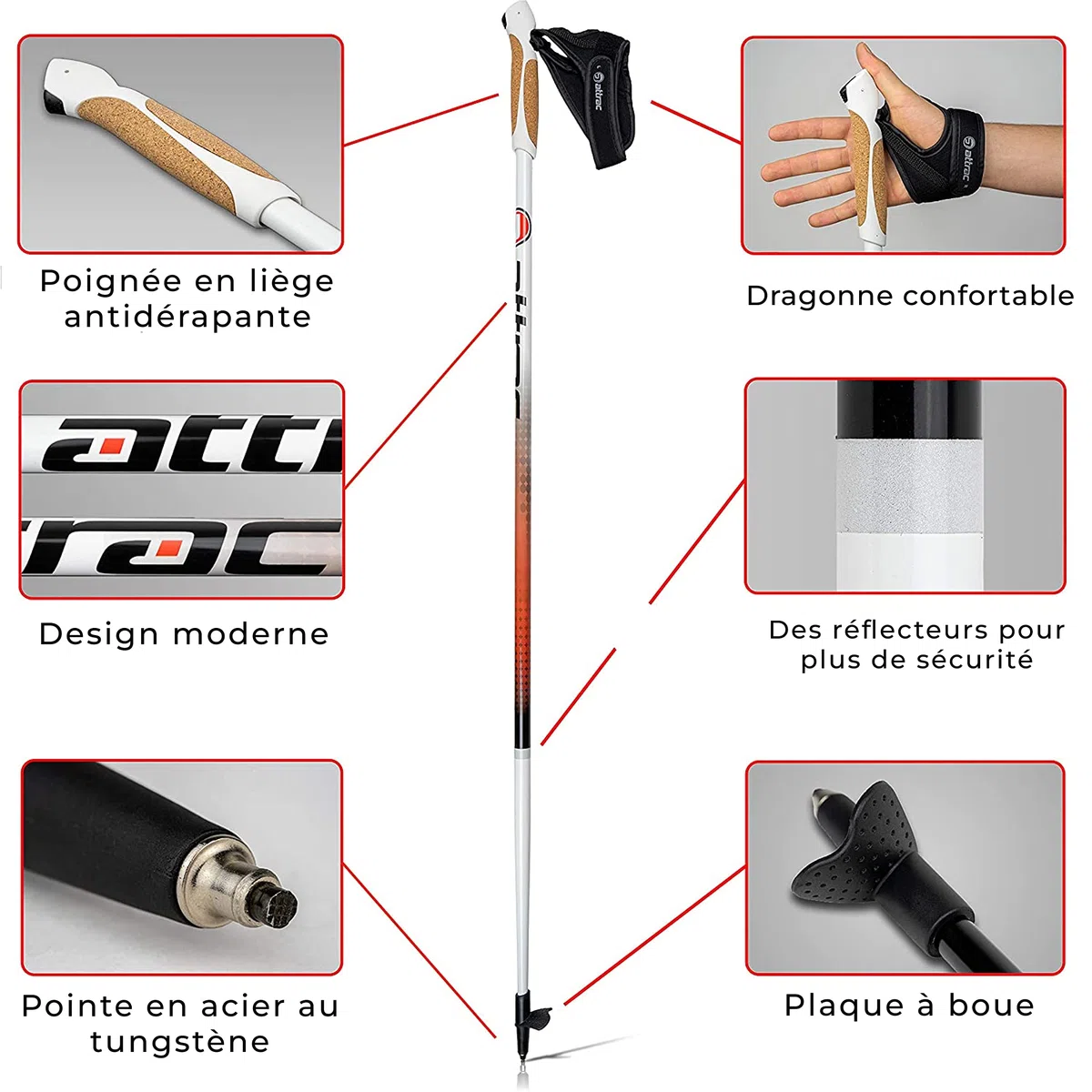 ATTRAC Bâtons de Marche Nordique Ultra légère 99% de Carbone avec dragonnes réglables et détachables - Attention: l'applicationsur Smartphone est appliqué Seulement en Allemagne/Taille (120cm)