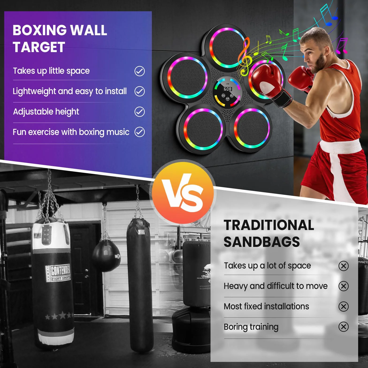 IERAKOR Musique Machine de Boxe, Gants, Bluetooth, 9 Vitesses Modes, Sport à Domicile