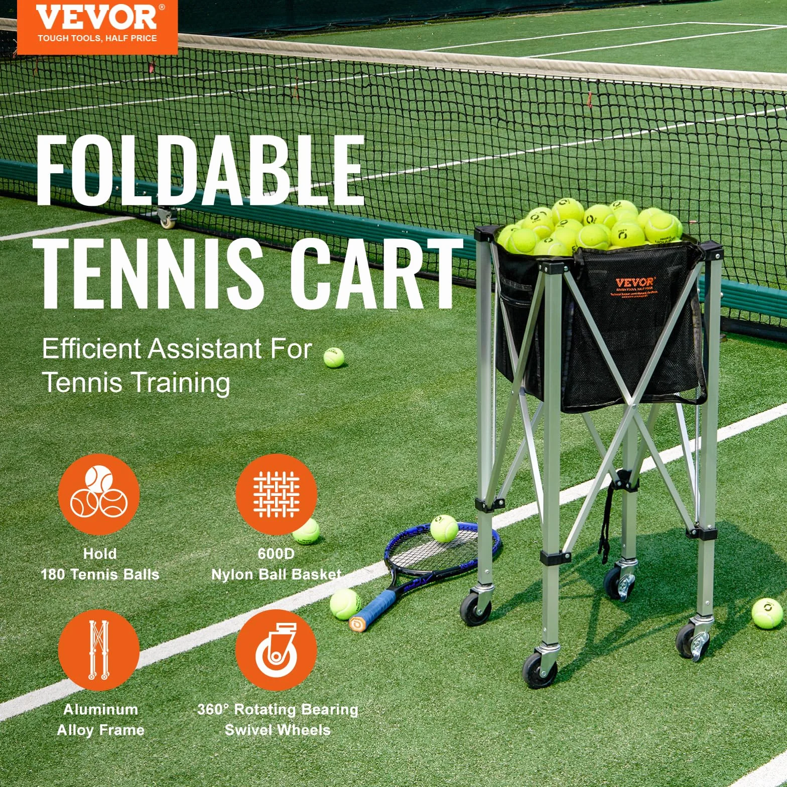 VEVOR Panier à Balle de Tennis Pliable 180 balles Chariot Alliage d'aluminium avec roulettes