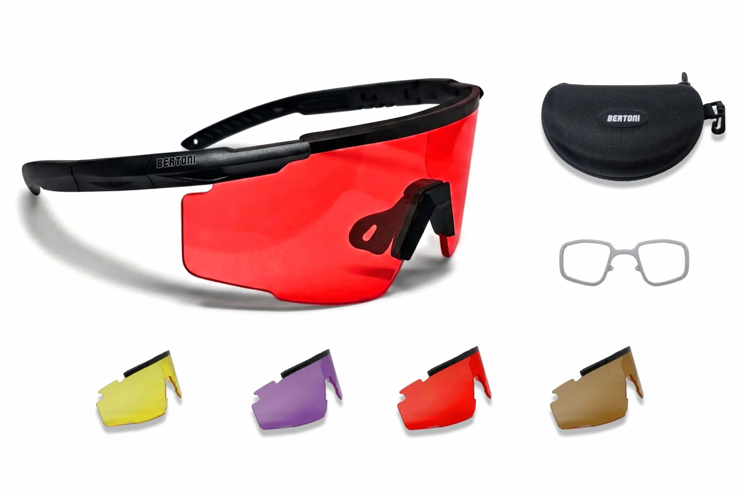 Bertoni Lunettes de Tir Sportif avec 4 Verres Interchangeables de Protection Balistique avec Clip pour Verres Correcteurs – Mod. SH890N SOS