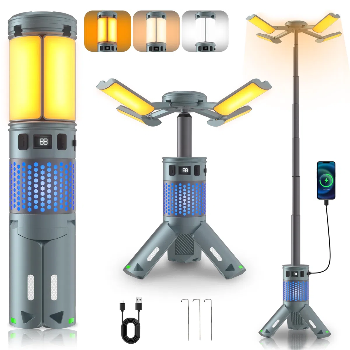 Lampes de camping, lampes de camping télescopiques rechargeables avec support, 12 000 mAh, lanternes de camping et lumières avec RVB, base magnétique, lampes de poche portables pour camping, randonnée