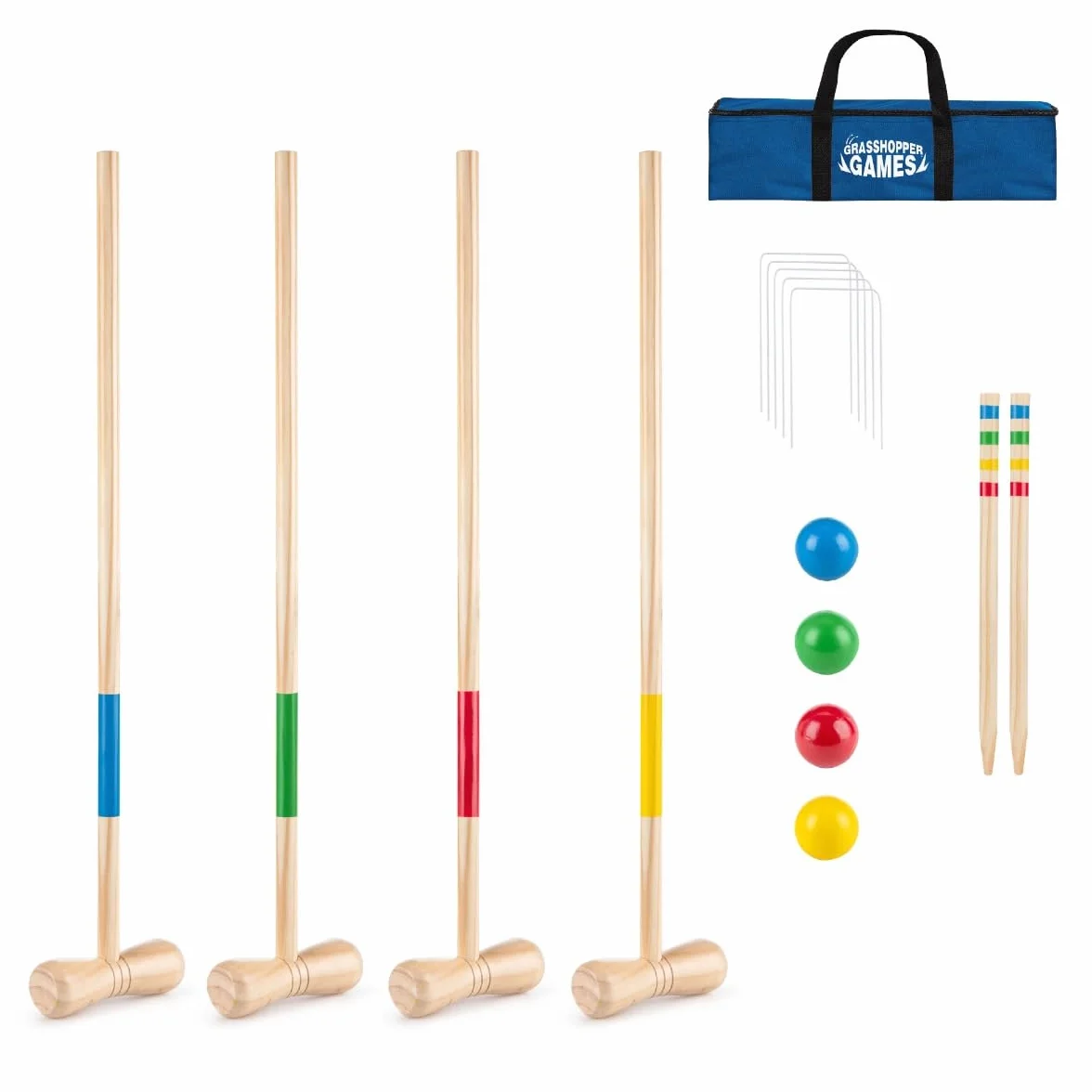 Toyrific Jeu de croquet en bois, 4 maillets, 4 boules, ensemble complet pour enfants et adultes, jeu de jardin