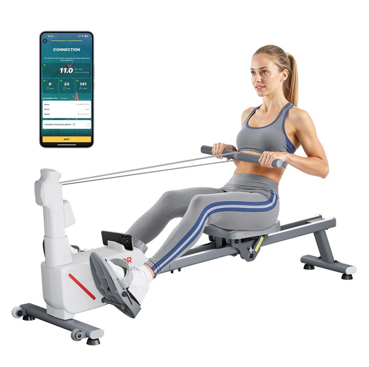 VEVOR Rameur Magnétique, Ergomètre avec Résistance Réglable à 16 Niveaux, Pliable, Capacité de Charge de 158 kg, avec Double Rail Coulissant, Compatible avec Application Bluetooth et Écran LCD