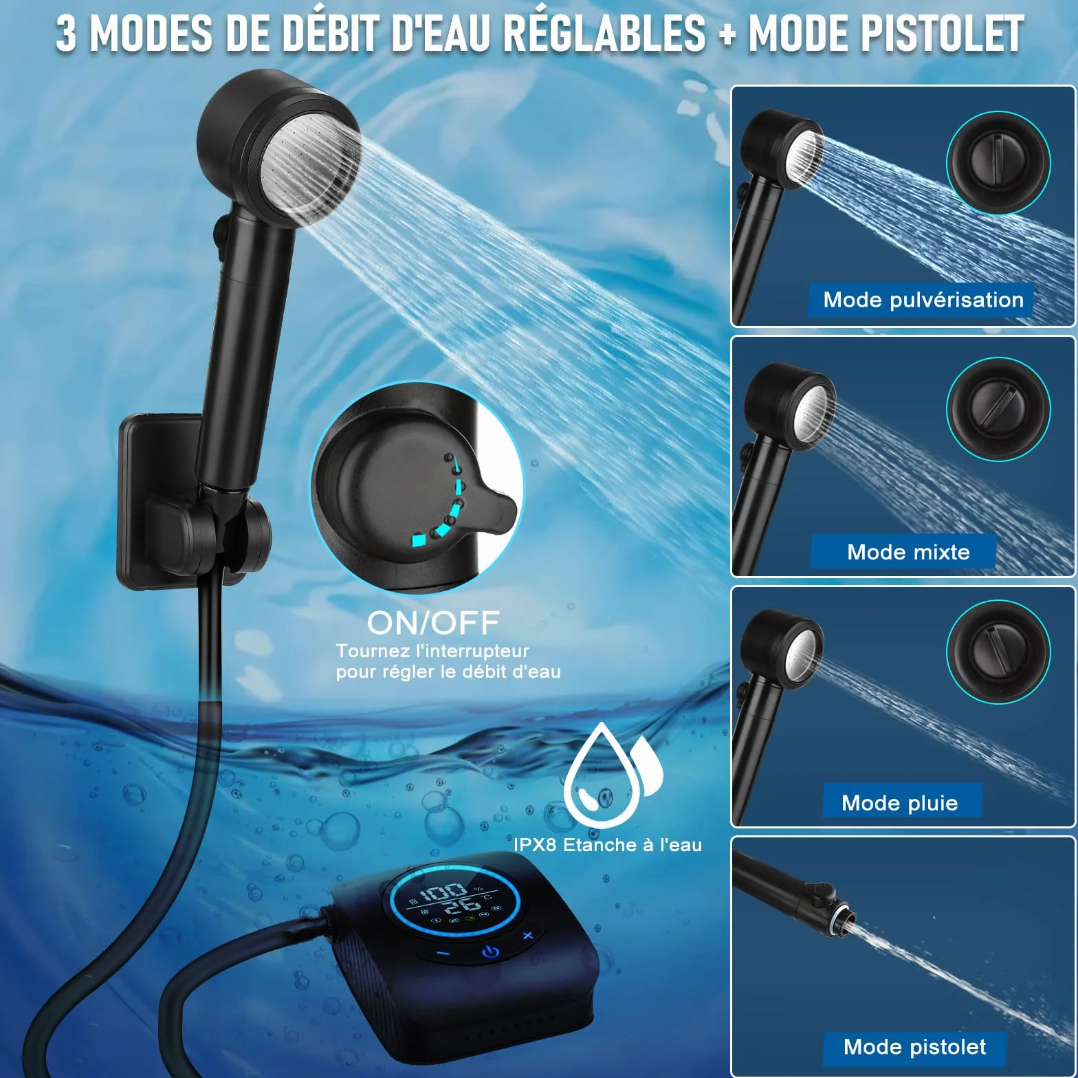 Spopal Douche Camping,Douche Portable,Kit Douche de Camping,Pompe de Douche Électrique Rechargeable,avec Afficheur Intelligent et Pomme de Douche 4 Modes pour Extérieure,Camping,Animaux