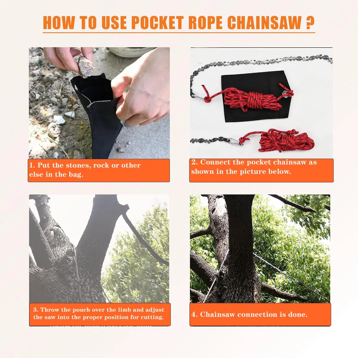 Scie à chaîne manuelle de 133 cm, scie à chaîne pour membre d'arbre haut avec 68 dents, pliante, cordes, sangle, crochet en S, mousqueton, aiguiseur, sac en tissu, tronçonneuse à main pour jardin et