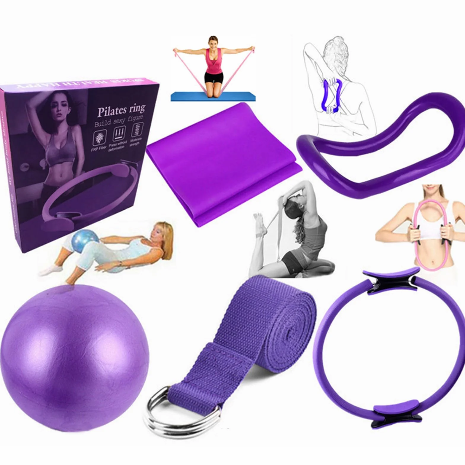 Ensemble Pilates Yoga 6 Pièces — Kit Maison, Accessoires Pilates, Bande de Résistance, Anneaux pour Jambes, Bras et Cuisses (Rose)