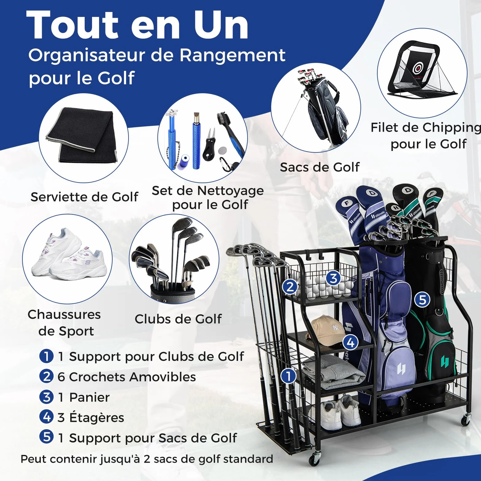 COSTWAY Organisateur d'Équipement Sportif avec Roues Amovibles, Support de Rangement pour 2 Sacs de Golf avec Support pour Clubs de Golf 6 Crochets, pour Garage Club sous-Sol