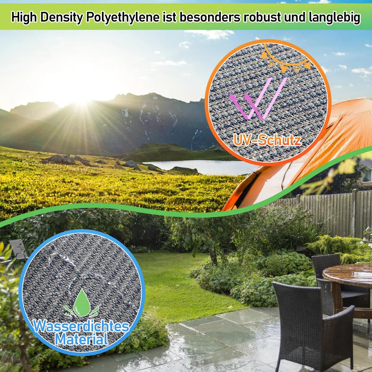Fiqops Tapis pour auvent 250 x 500 cm, Respirant, Lavable, Anti-moisissure, antidérapant, stabilisé aux UV, avec 12 Trous, 13 piquets et Sac de Transport