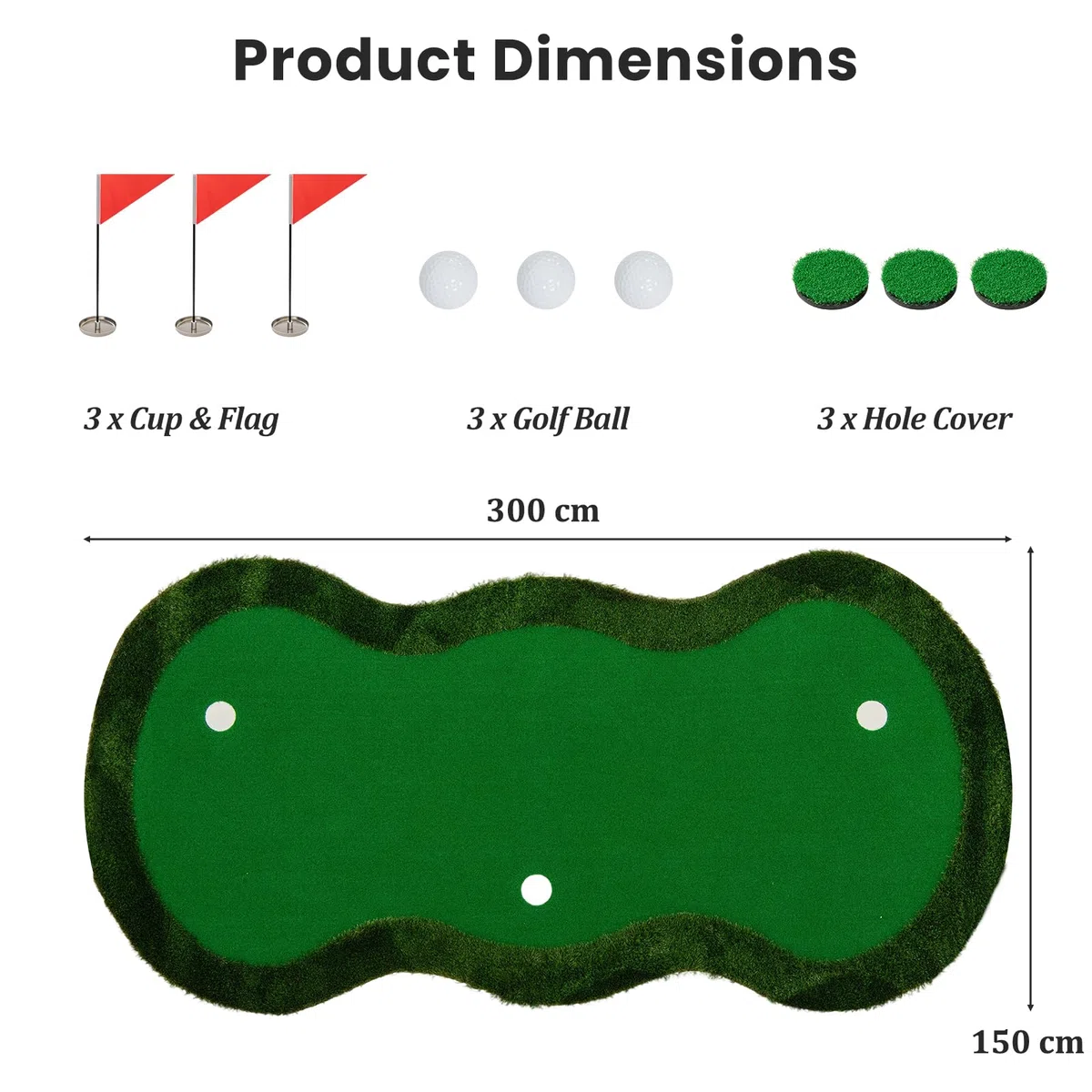LIFEZEAL Tapis de golf professionnel 150 x 300 cm avec 3 trous et balles Tapis de putt pour intérieur et extérieur à la maison, au bureau, sur le patio