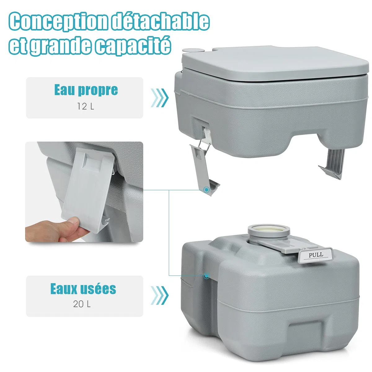 COSTWAY Toilette Portable WC Chimique Portable pour Camping Caravanes Hôpital, Toilette Chimique 20L HDPE