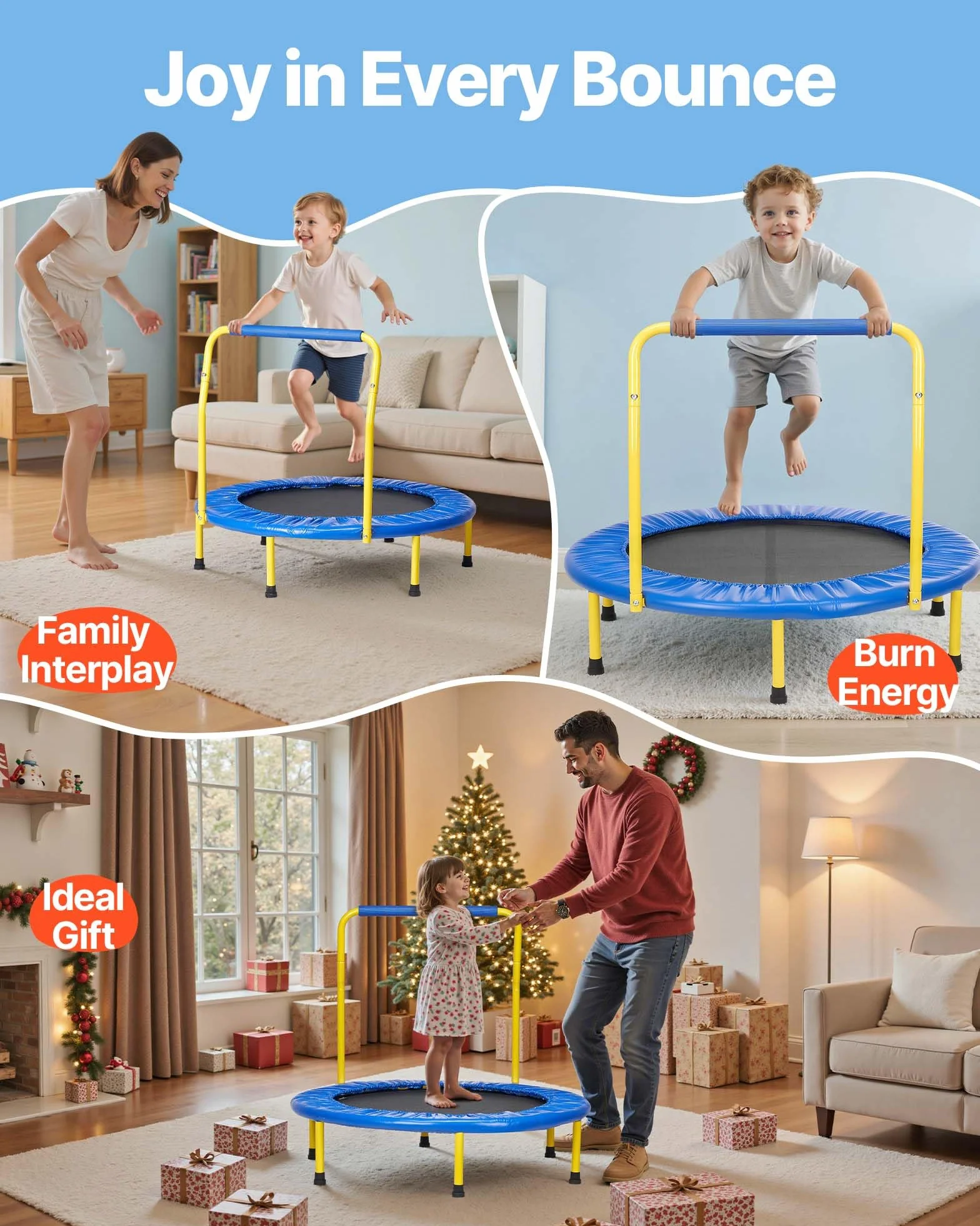 VEVOR Trampoline pour Enfants 92 cm Mini Trampoline Extérieur Intérieur Pliable pour Tout-Petits avec Poignée Mousse Trampoline Récréatif Exercices Cadeau d'anniversaire pour Enfants de 3 Ans et Plus