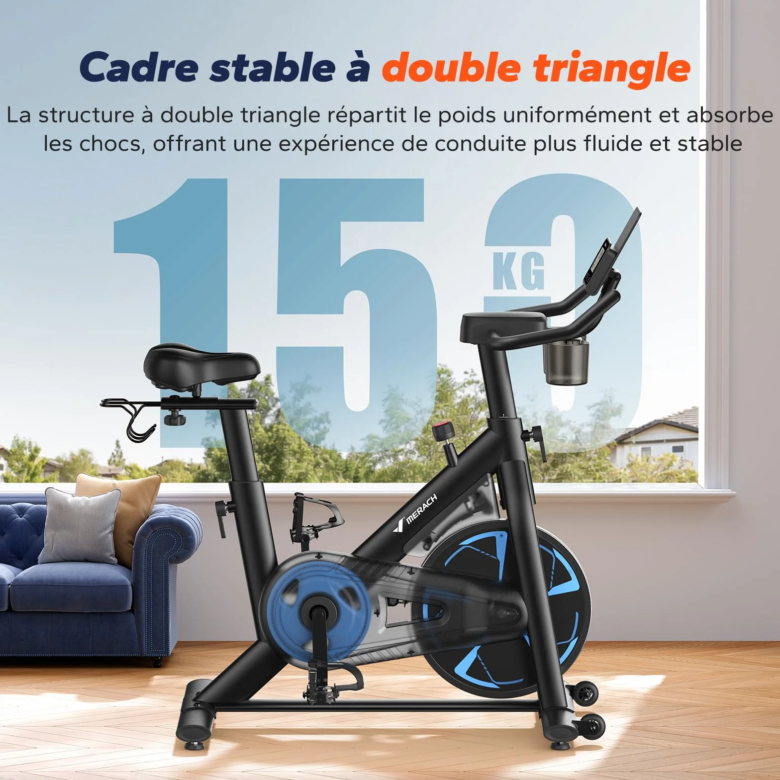 MERACH Vélo d’Appartement avec Résistance Magnétique, Vélo d’Intérieur Silencieux avec Selle à Coussin d’Air Amortissant, Écran LCD, Application Dédiée, Cadre en H Stable, Charge jusqu’à 150KG