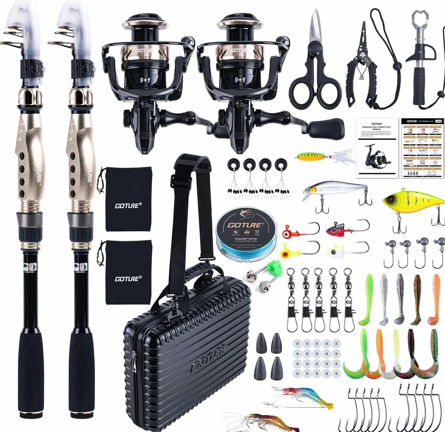 Goture Kit de pêche avec 2 cannes à pêche télescopiques (24T) - Canne à pêche télescopique - Kit complet 2 5.2:1 (9+1 Bearing), cordon, boîte à appâts et sac de transport - Pour eau salée et eau douce