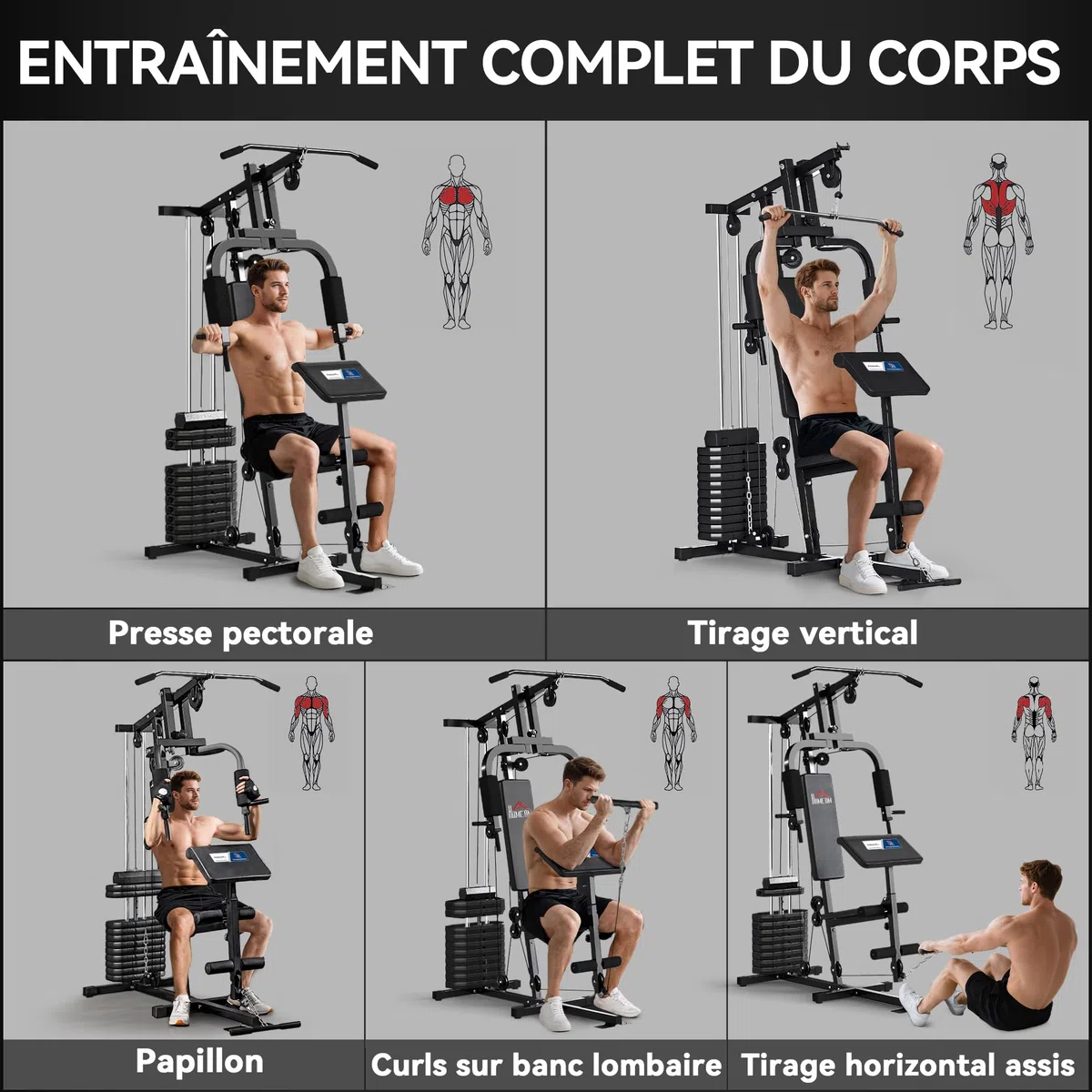 HOMCOM Station de Musculation Fitness - Collaboration Aosom.FR x FFHandball - avec 12 Blocs de Poids de 5,5 kg entraînement Complet - 135 x 103 x 210 cm