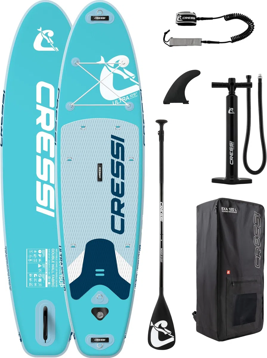 CRESSI Depuis 1946 - Ultra Isup/Kayak Set - Planche de Sup Gonflable pour Adultes, Stable et Résistante Accessoires Tous Inclus Pagaie Aileron Pompe Leash Sac Transport_320x81x15 cm Max 130 kg