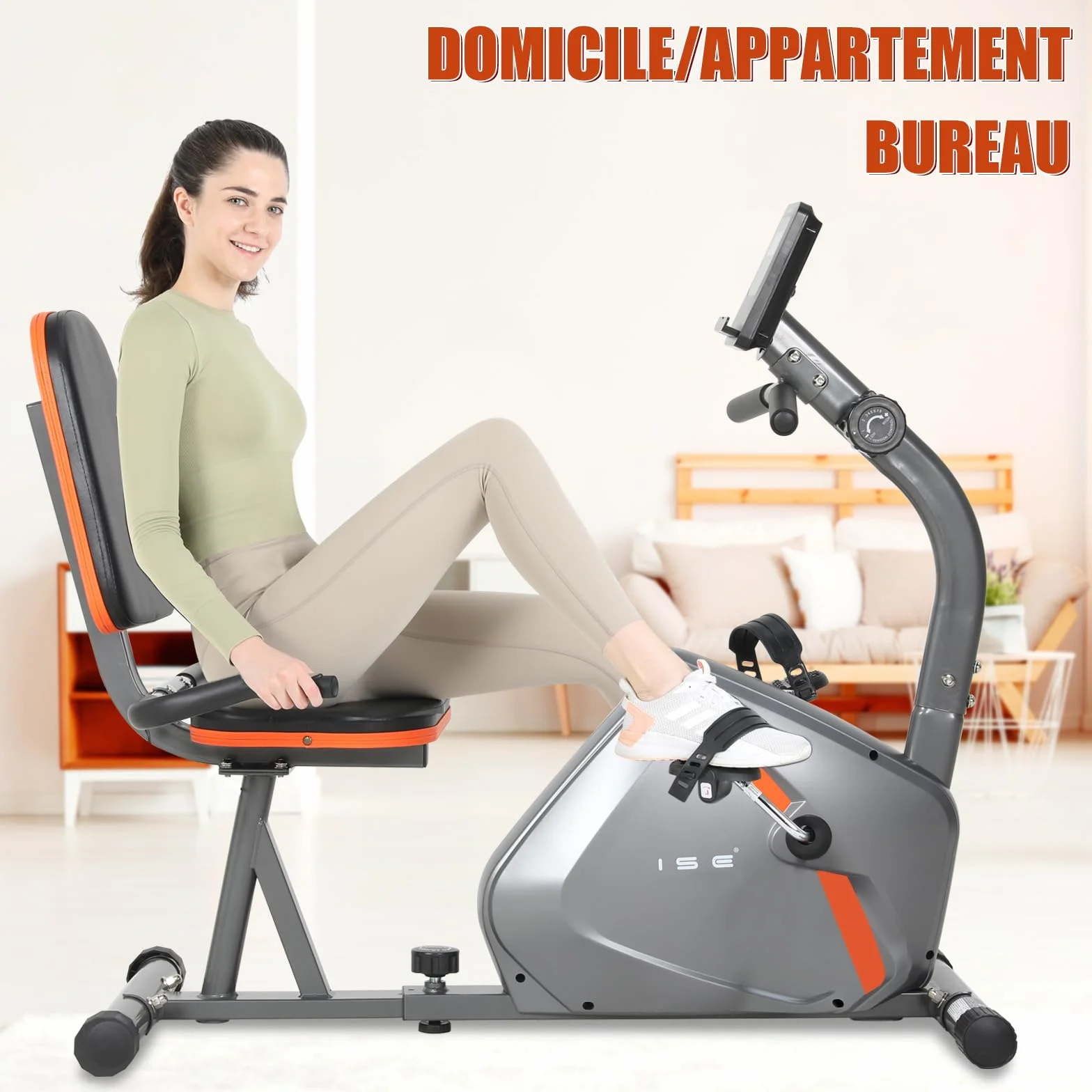 ISE Vélo d'Appartement Semi-Allongé Vélo Couché avec Frein Magnétique, Roues de Transport, Capteurs d'Impulsion, l'Ecran LCD, 8 Niveaux de Résistance Réglables, Velo d appartement Semi Allongé