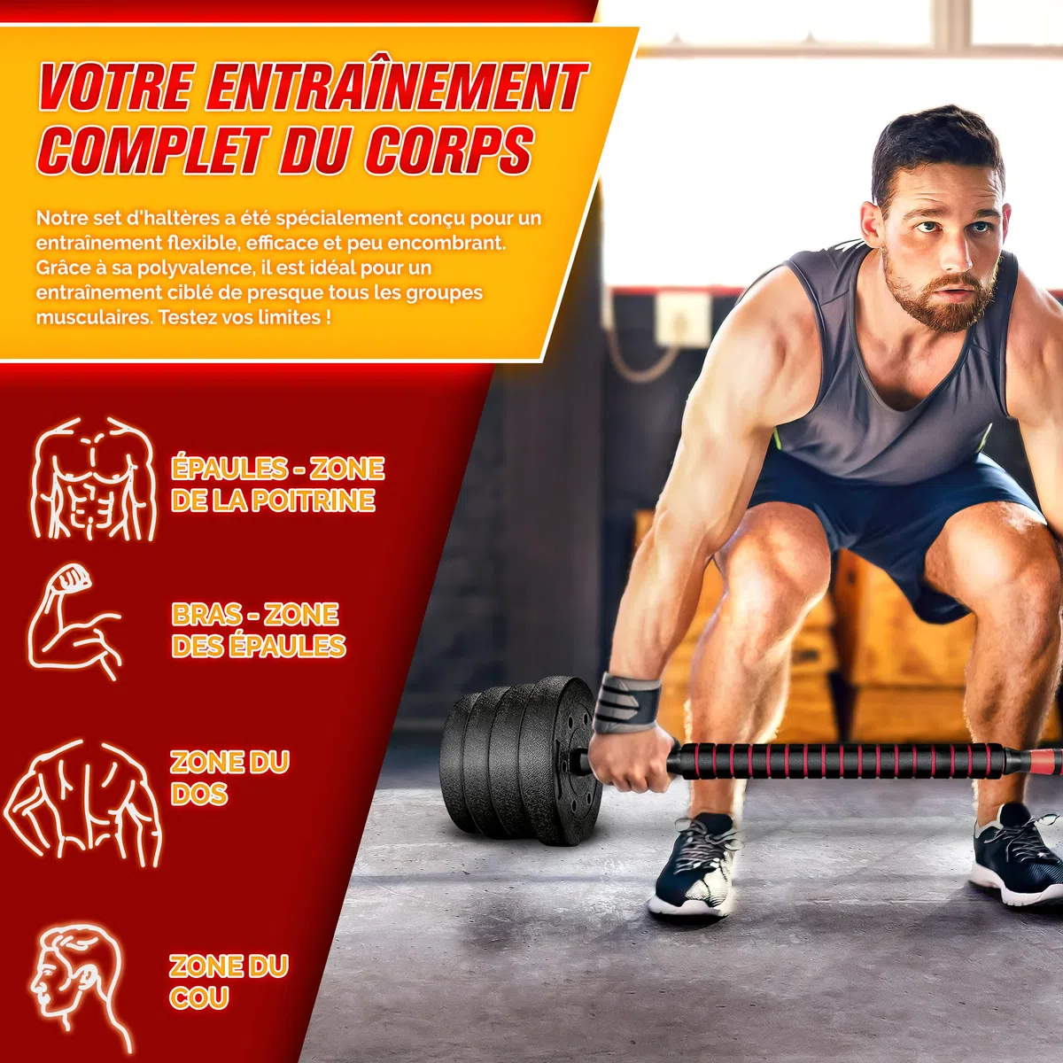 RE:SPORT Ensemble d’haltères 2 en 1 15-40 kg, réglables, haltères courts et longs, fermeture en étoile et tube de raccordement