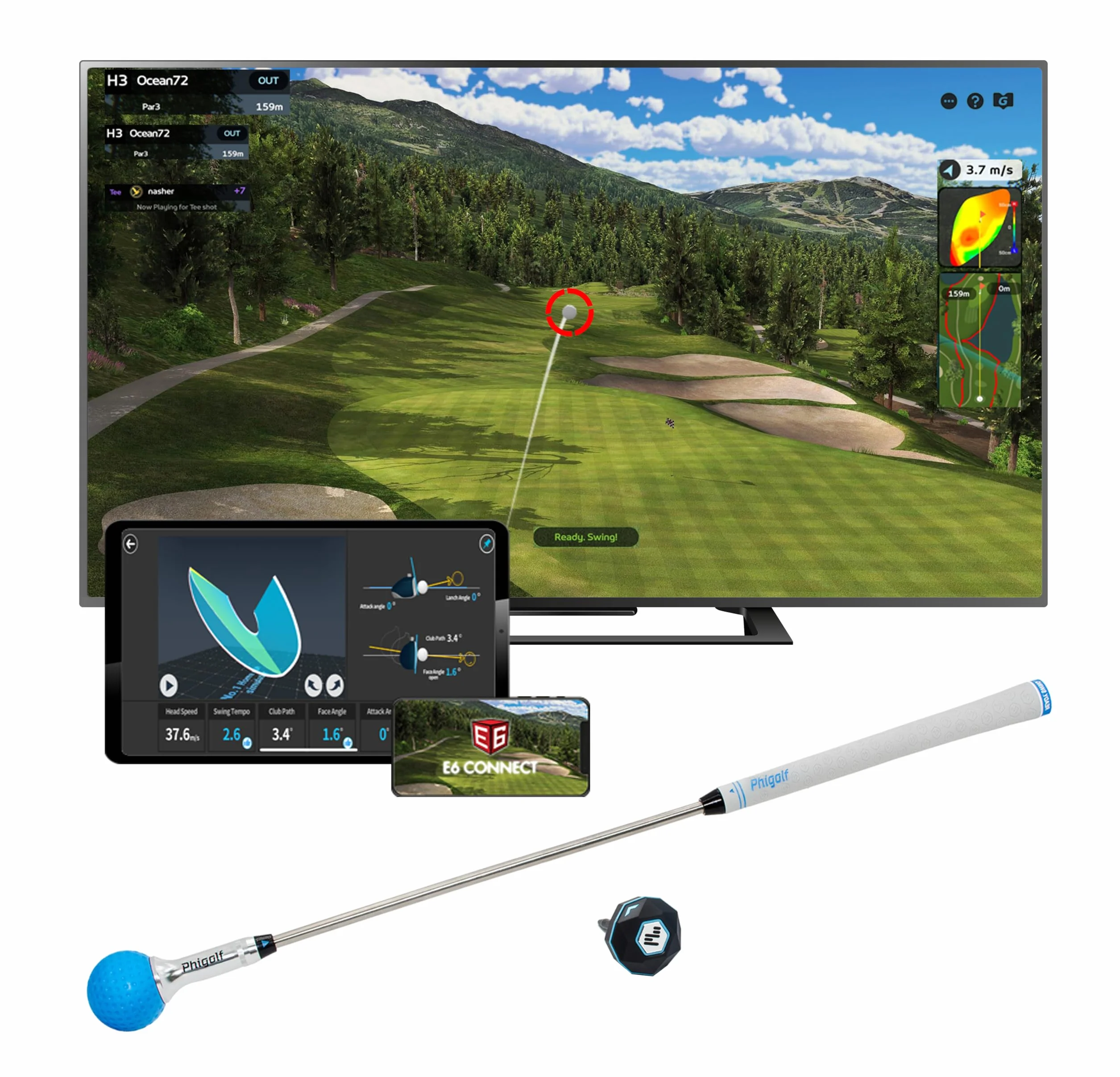 PHIGOLF Simulateur de jeu de golf à domicile : profitez d'un golf interactif avec détecteur de mouvement et bâton pivotant pour s'amuser en intérieur et en extérieur – Plus de 38 000 parcours dans le