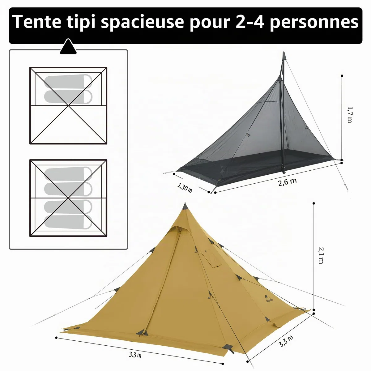Naturehike Ranch Fire Thermotente 2-4 Personnes Pyramide 4 Saisons Tente Tipi avec Connexion pour Poêle Imperméable Anti-Vent Tente de Camping d'Hiver pour les Voyages d'Hiver et le Chauffage
