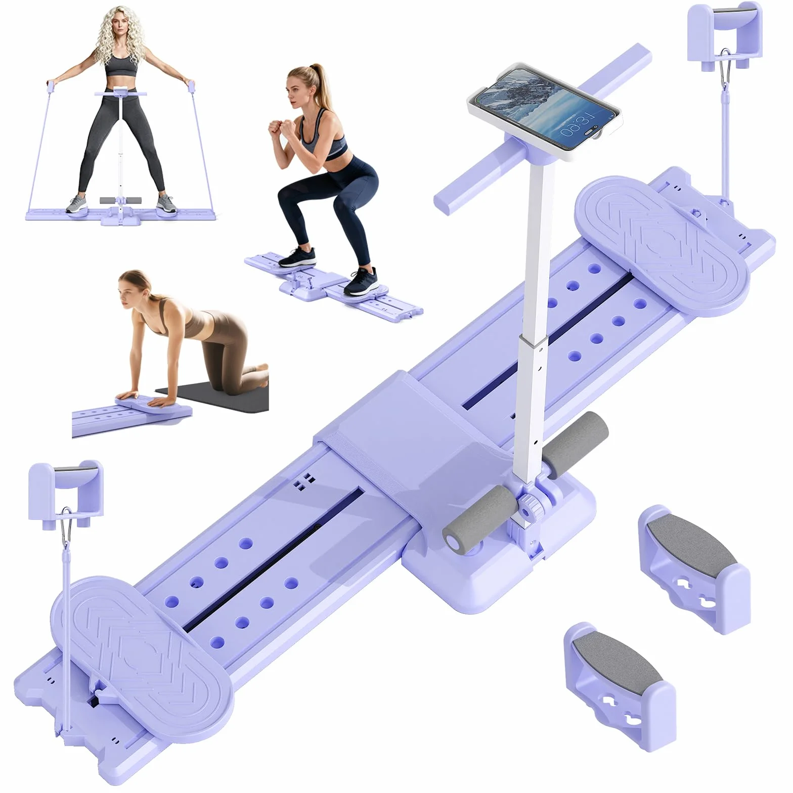 Kit Pilates Reformer, Machine à Ski 5 en 1, Planche de Pilate Pliable, Appareil Abdominaux, Push up Board, Poignées Amovibles avec Support Téléphone, pour le Renforcement du Core, Fessiers, Bras
