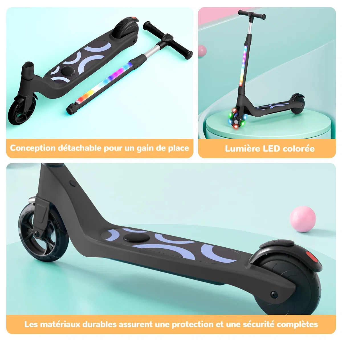 SISIGAD Trottinette Electrique Enfant 6-8-10 Ans Electric Scooter Kids 5.3 Pouces avec Lumière LED Colorée & 3 Hauteurs Ajustables, Scooter Électrique Enfant Charge Max 70 Kg, Vitesse Max 10 Km/h
