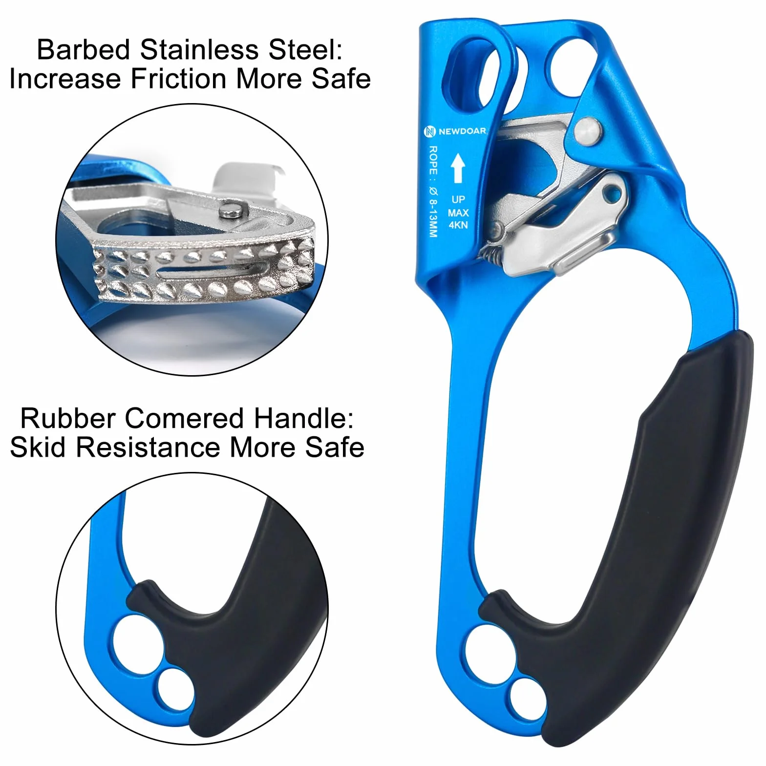 NewDoar UIAA & CE Certifié Main Ascendeur Bloqueur Poignée Ergonomique Escalade Arbre Arboriste Rappel Gear Équipement Corde Pince pour 8~13 MM Corde-Orange Gauche et Bleu Droit