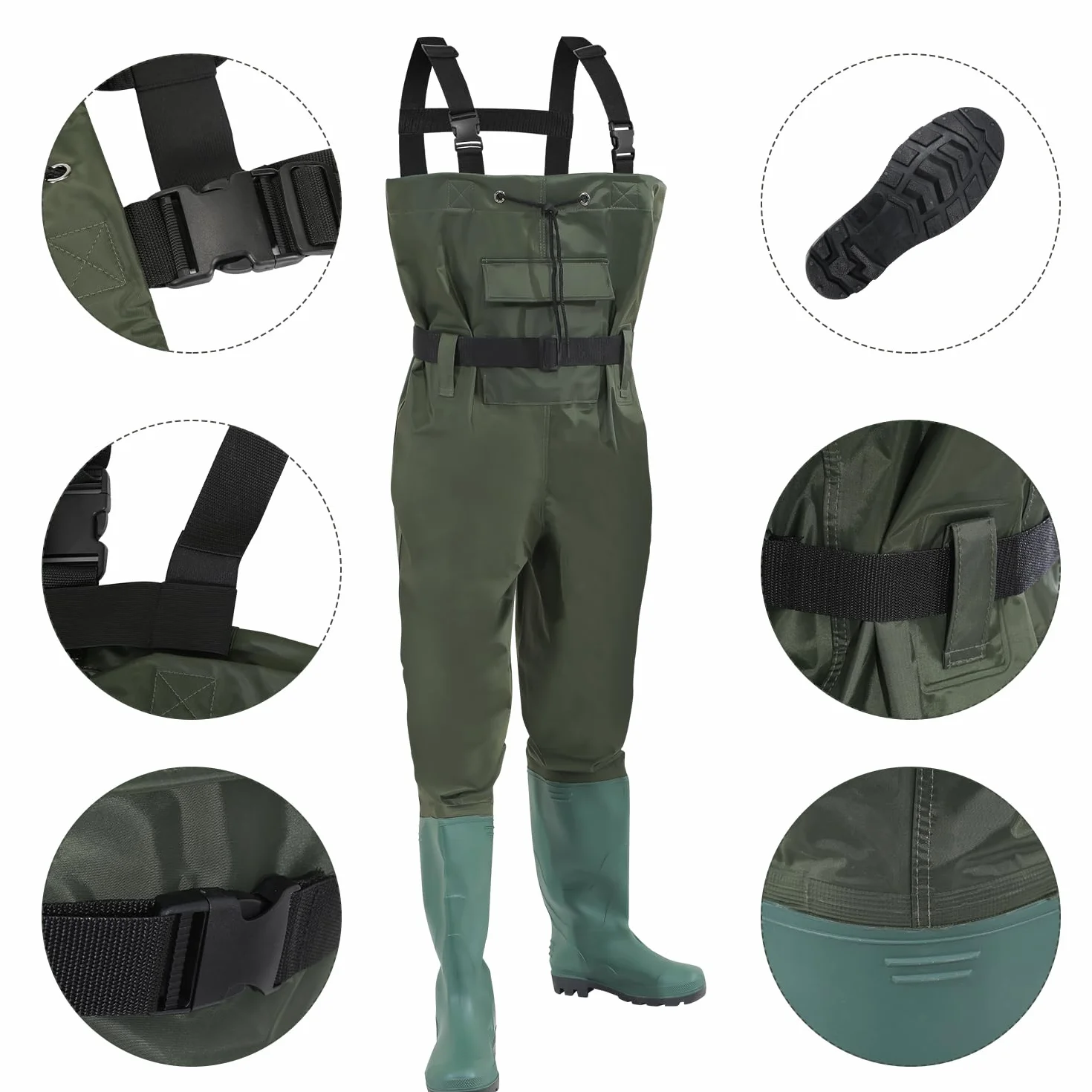 Daromigo Waders imperméables pour homme - Avec bottes - En nylon PVC 70D - Idéales pour la pêche et les activités de plein air